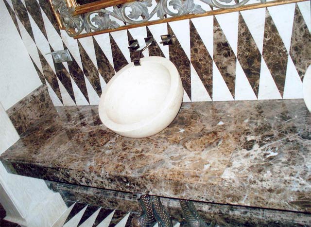 Table-top marble for a bathroom, a mosaic tile for facing of a floor and walls. Marble Emperador Dark, Spain and Breccia Sarda, Italy.  =>Following
